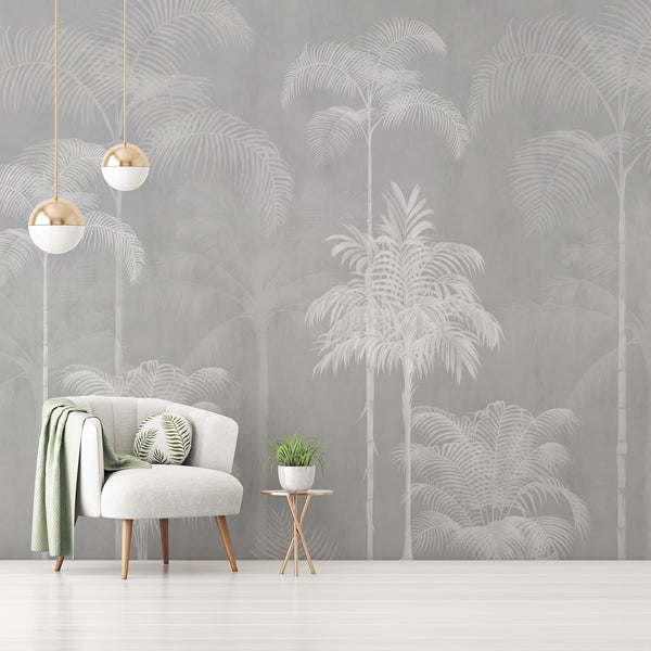 Neutral palm tree wallpaper with a misty gray tropical landscape of tall palms and delicate foliage for a sophisticated living room wall.