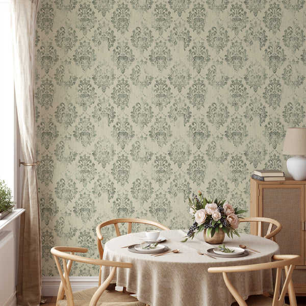 Close-up of distressed sage damask pattern, adding aged character to traditional farmhouse bedrooms.
