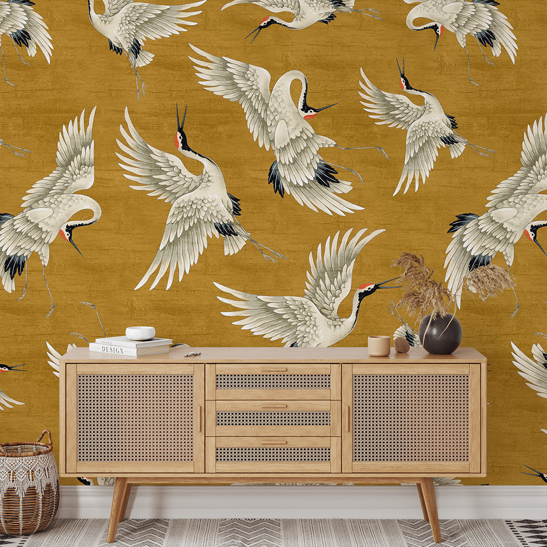 Flying Mustard Japanese Cranes Wall Mural WM113