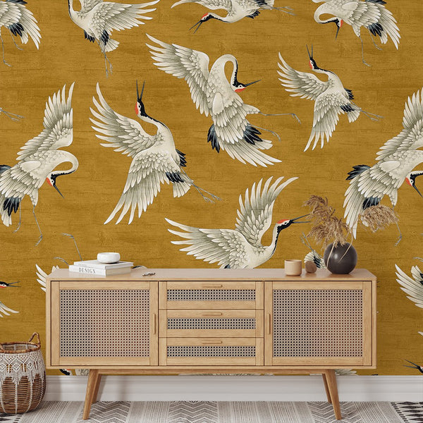 Flying Mustard Japanese Cranes Wall Mural WM113 - CostaCover - Peel and stick Removable Wallpaper - accent wallpaper - adhesive wallpaper - animal texture