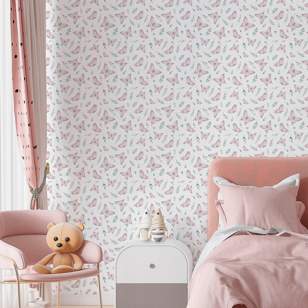 Pink Butterfly & Leaf Wallpaper A049