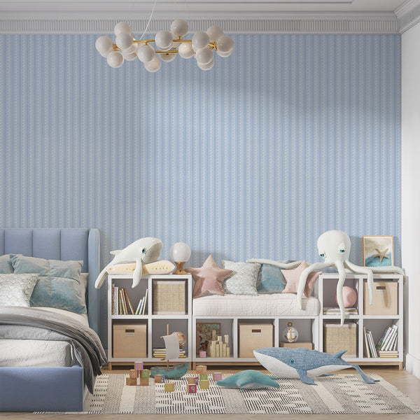 Light blue striped wallpaper featuring elegant white floral vine details brings timeless farmhouse charm to nursery walls, cozy bedrooms, powder rooms, and classic home decor.