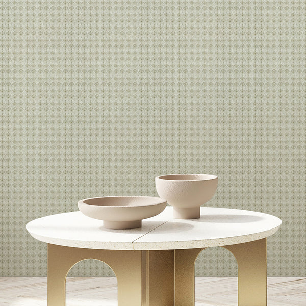 Vintage damask peel and stick wallpaper in muted sage green with a distressed textured effect for French country, cottagecore and farmhouse rooms.