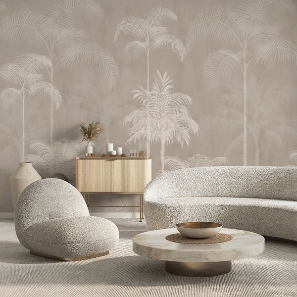 Neutral beige palm tree wall mural featuring tall tropical trees and delicate cream foliage for a living room or bedroom accent wall.