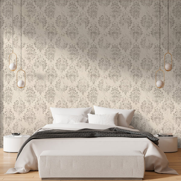 Mid-tone taupe damask motifs on beige, creating a rhythmic pattern suited for elegant home decor.