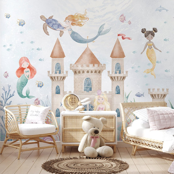 Mermaids and Castle Wall Mural SM065 - CostaCover - Peel and stick Removable Wallpaper - accent wallpaper - adhesive wallpaper - ariel mermaid