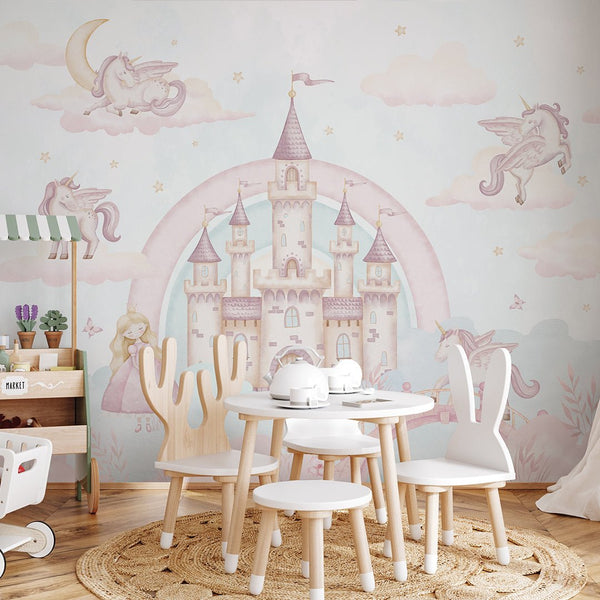 Pink Blue Magical Kingdom Wall Mural AM133 - CostaCover-Peel and stick Removable Wallpaper-accent wallpaper-adhesive wallpaper-baby bedroom