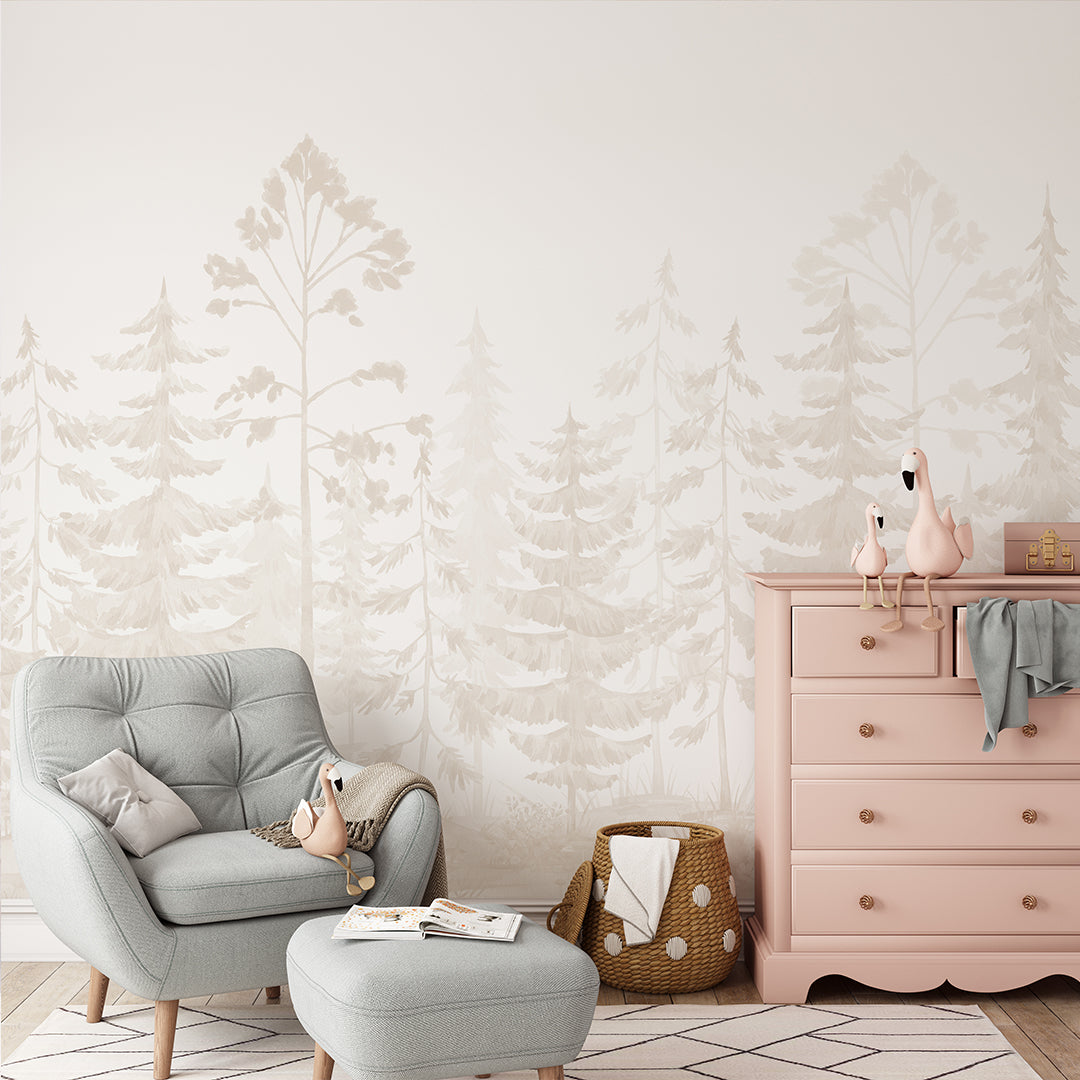 Beige Watercolor Pine Trees Wall Mural WM097