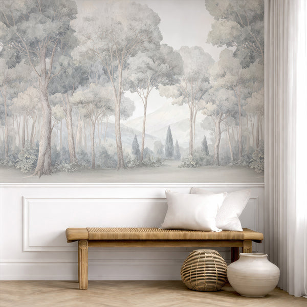 Layered forest mural with diffuse canopies and soft mist, creating airy depth in a living room. This temporary wallpaper is made from eco-friendly materials and offers easy application and repositioning.