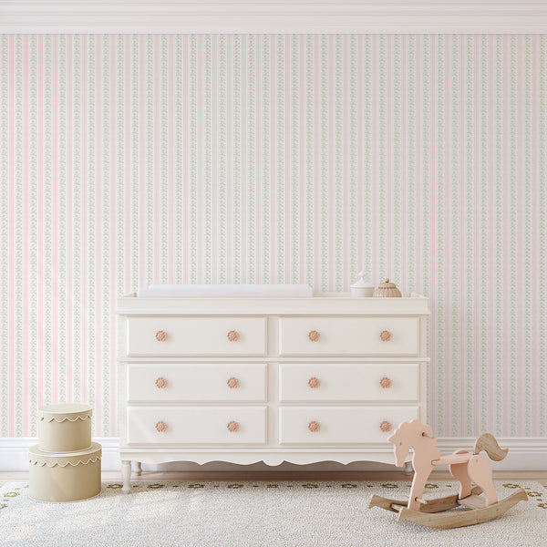 Pink Green Floral Stripe Wallpaper L131