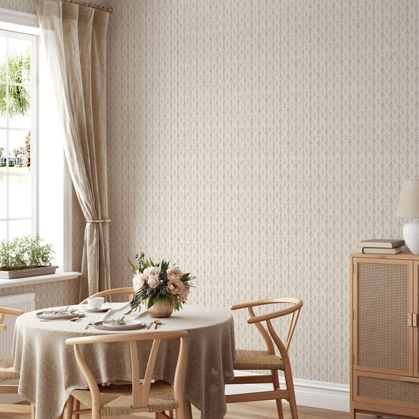 Finely detailed damask pattern with worn edges, adding soft stripe elegance to dining rooms and hallways.