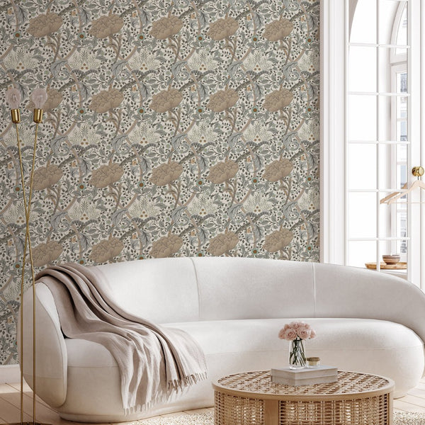 Beige Gray Windrush wallpaper offers a tailored botanical design with stylized blooms. Warm beige and muted gray palette enriched by dusty teal accents. Engraved linework provides a classic feel. Suitable for temporary or pre-pasted applications in studies and bedrooms.