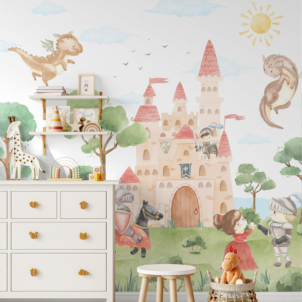 Fantasy kingdom wallpaper with a watercolor castle, flying dragons, princesses, knights, horse and lush green woodland scenery for a nursery.