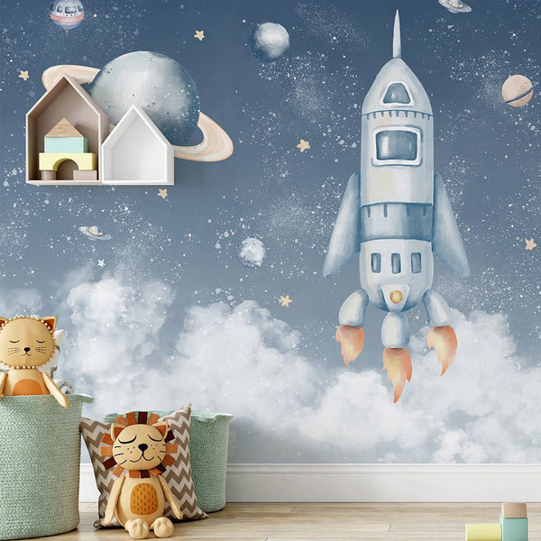 Blue Spaceship & Planets Wall Mural SM090 - CostaCover - Peel and stick Removable Wallpaper - accent wallpaper - adhesive wallpaper - baby bedroom
