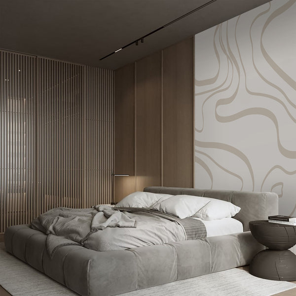 Beige abstract line wallpaper with oversized flowing curves and irregular organic shapes, creating a neutral modern look for home decor.