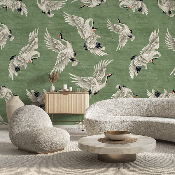 Flying Green Japanese Cranes Wall Mural WM118 - CostaCover - Peel and stick Removable Wallpaper - accent wallpaper - adhesive wallpaper - animal texture