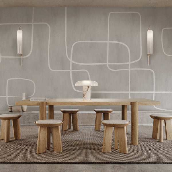Minimalist geometric wall mural in light gray with irregular white linear shapes, designed for neutral modern, Japandi, and Scandinavian home decor.