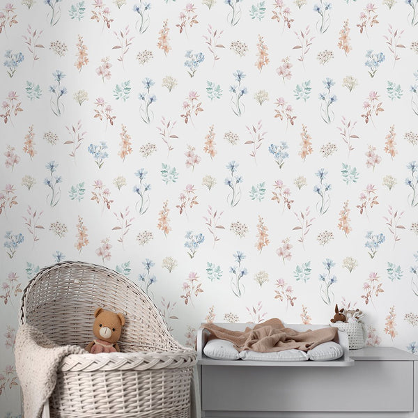 Colored Wildflowers Wallpaper S082 - CostaCover - Peel and stick Removable Wallpaper - accent wallpaper - adhesive wallpaper - baby bedroom