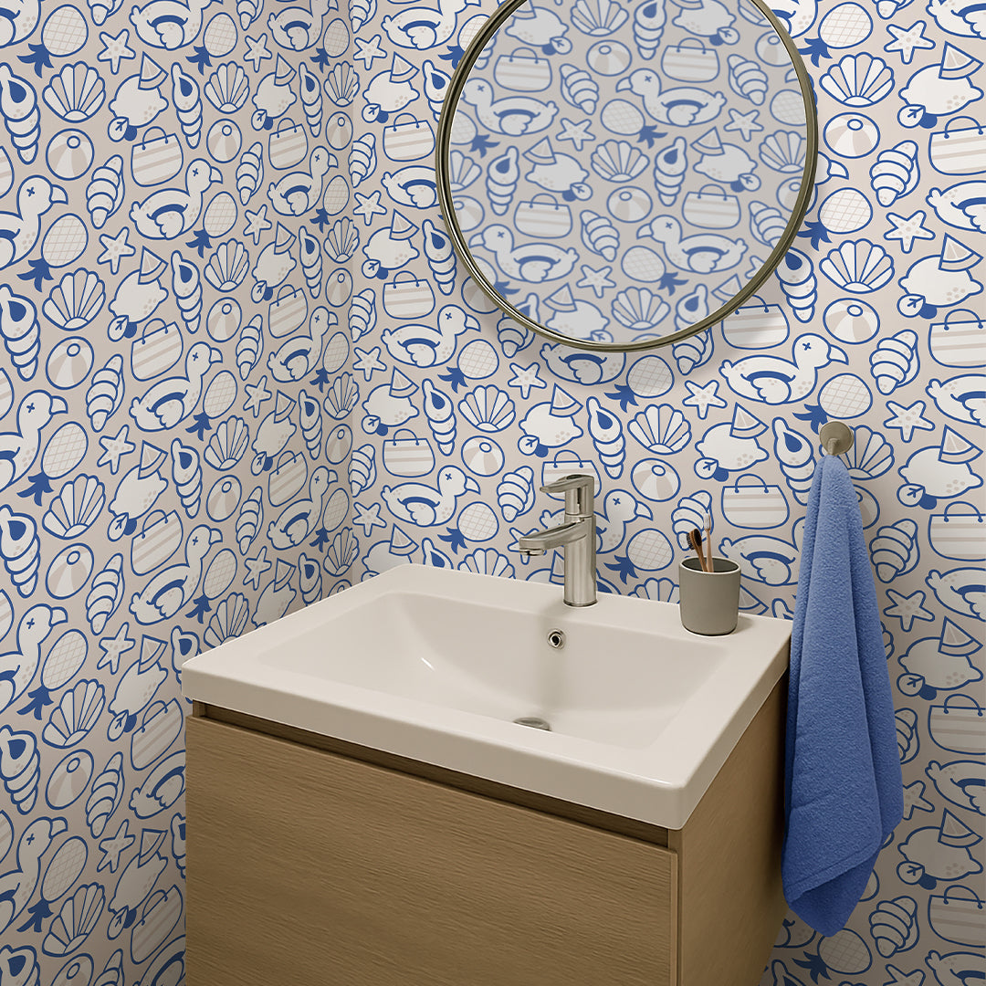 Blue Beige Beach Pattern Wallpaper S105
