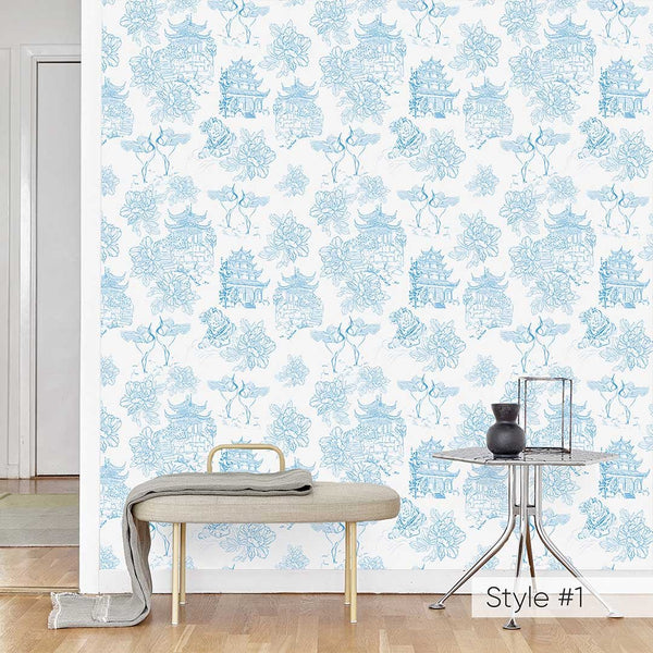 Chinoiserie Tiger Pagoda Wallpaper CC260 - CostaCover - Peel and stick Removable Wallpaper - accent wallpaper - adhesive wallpaper - adhesive wallpaper design