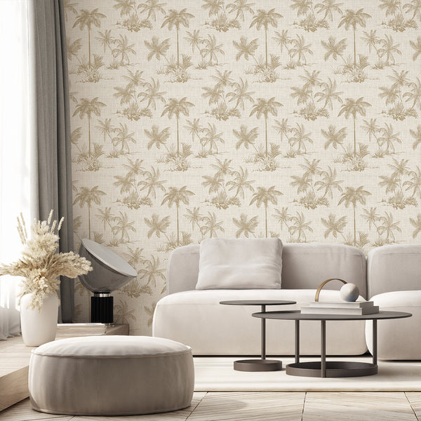 Beige Tropical Palm Toile Wallpaper A125