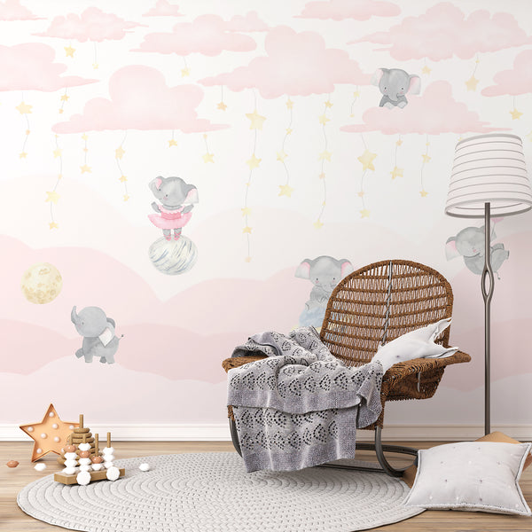 Pink Elephant Nursery Wall Mural LM010