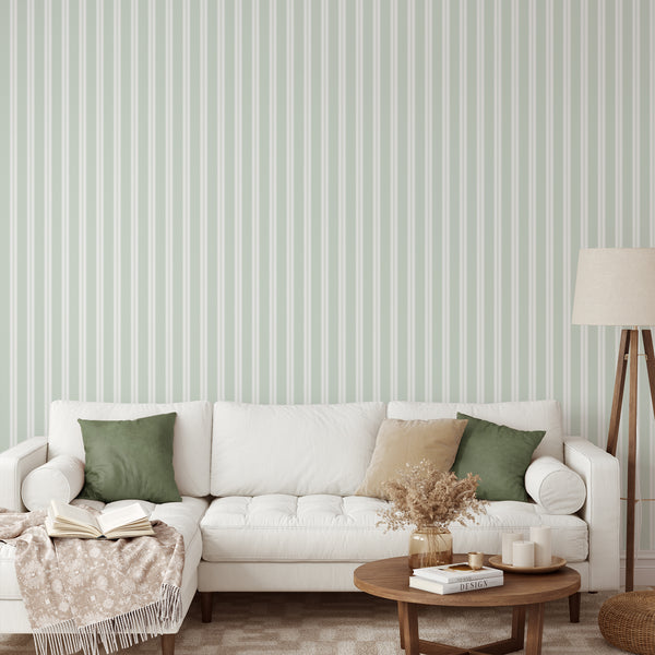 Minimalist sage wallpaper featuring a timeless vertical stripe pattern with slim white pinstripe accents for living rooms, bedrooms, or entryways.