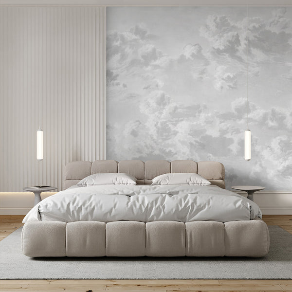Neutral gray cloud wall mural featuring soft dreamy clouds and an airy sky design, creating an elegant backdrop for a peaceful bedroom or nursery.