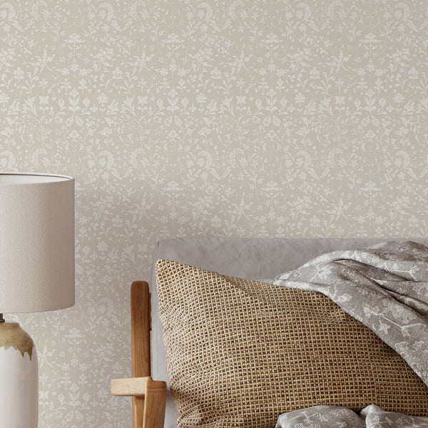 Beige Floral Toile Wallpaper CC366