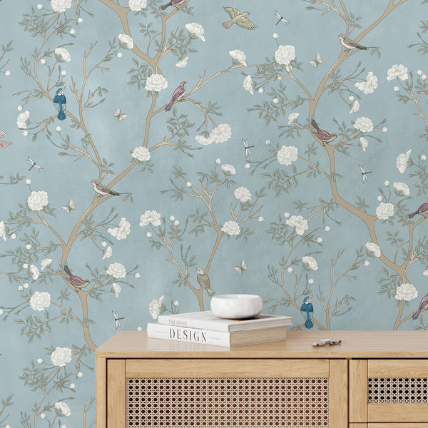 Blue Blossom Trees & Birds Wallpaper W058 - CostaCover - Peel and stick Removable Wallpaper - accent wallpaper - adhesive wallpaper - adhesive wallpaper design