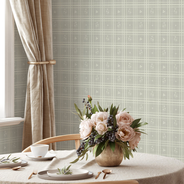Sage Green Plaid Floral Wallpaper L147