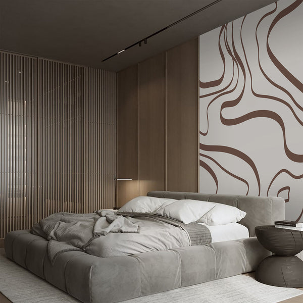 Brown abstract wallpaper with sweeping irregular curved lines and a clean white background, creating a bold minimalist look for modern home decor.