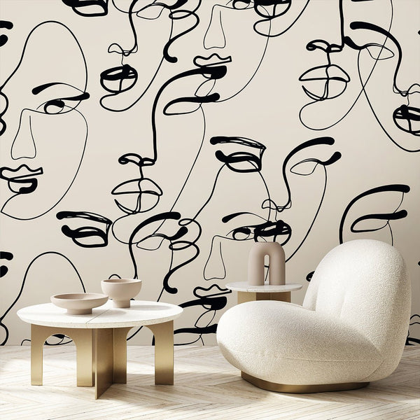 Beige & Black Female Faces Wall Mural AM073 - CostaCover - Peel and stick Removable Wallpaper - about walls - Abstract - Abstract Labyrinth Lines