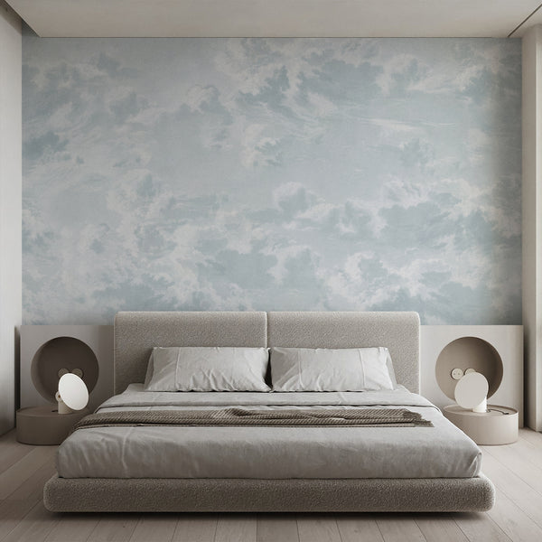 Light blue removable wallpaper featuring soft cloud formations and dreamy sky details, perfect for a peaceful nursery, bedroom, or modern kids room.
