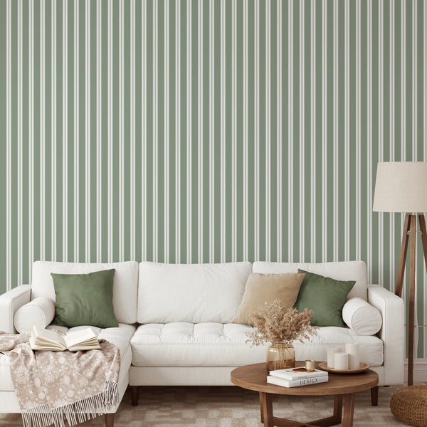 Green pinstripe wallpaper featuring crisp white vertical stripes and fine linear accents for a minimalist bedroom, nursery, or stylish home office.