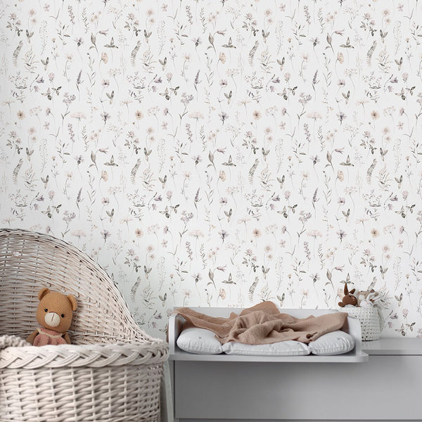 Tiny Neutral Wildflowers Wallpaper S064 - CostaCover - Peel and stick Removable Wallpaper - accent wallpaper - adhesive wallpaper - bathroom wallpaper