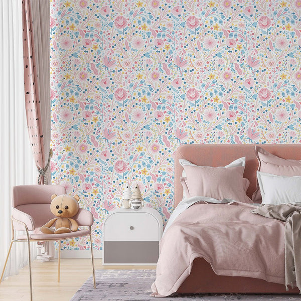 Pink Delicate Floral Wallpaper A057 - CostaCover-Peel and stick Removable Wallpaper-accent wallpaper-adhesive wallpaper-baby bedroom