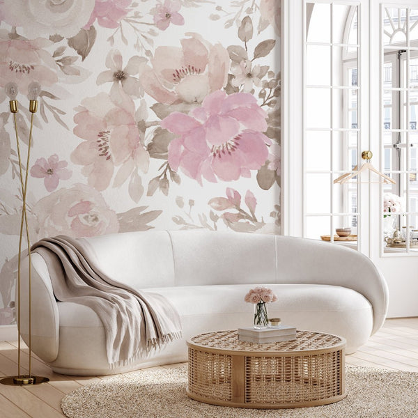 Beige Pink Flowers Wall Mural WM004 - CostaCover - Peel and stick Removable Wallpaper - adhesive wallpaper - bedroom wallpaper - best peel and stick wallpaper