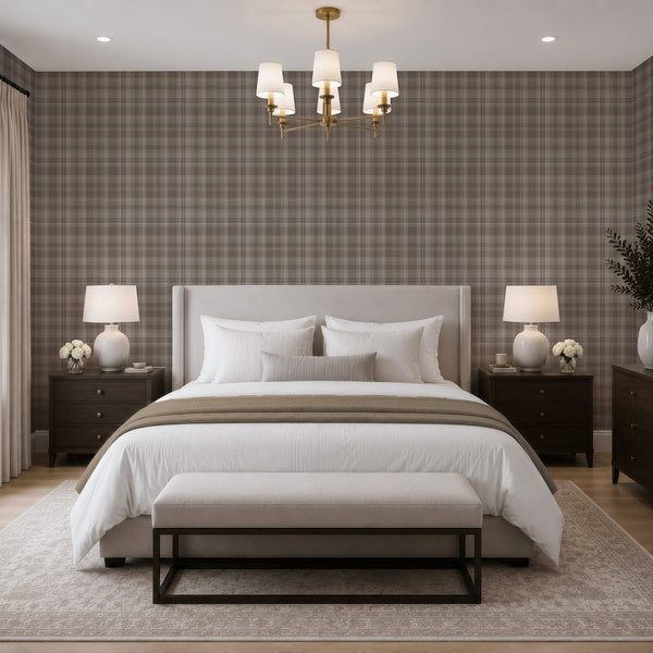 Removable taupe brown plaid wallpaper featuring layered horizontal and vertical stripes with a subtle fabric-inspired texture for cozy farmhouse living rooms.