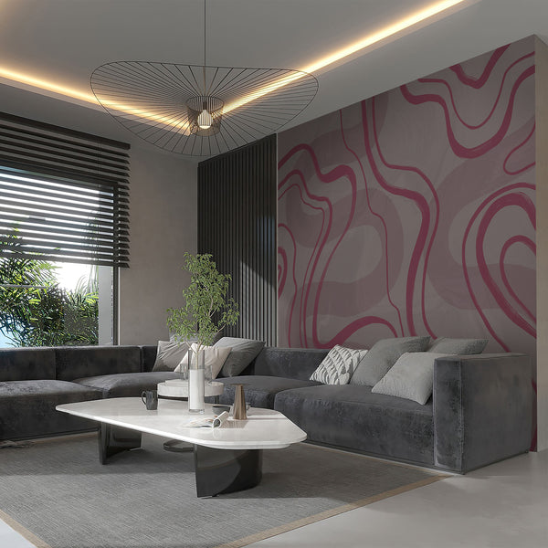 Modern dark mauve and gray wall mural with sweeping dusty rose curves over a muted gray textured background, ideal for a living room accent wall.