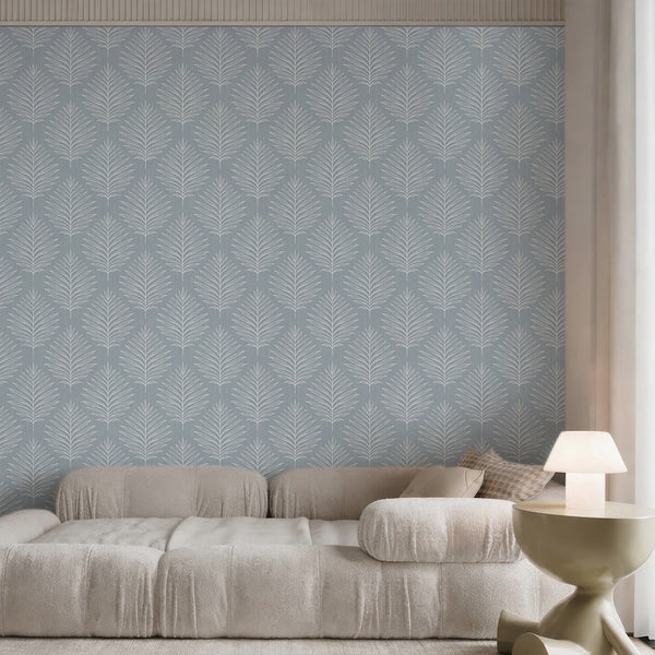 Dusty Blue Palm Leaves Wallpaper  L056