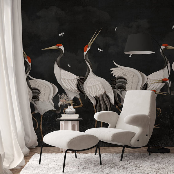 Black Japanese Cranes Wall Mural WM109 - CostaCover - Peel and stick Removable Wallpaper - accent wallpaper - adhesive wallpaper - animal print
