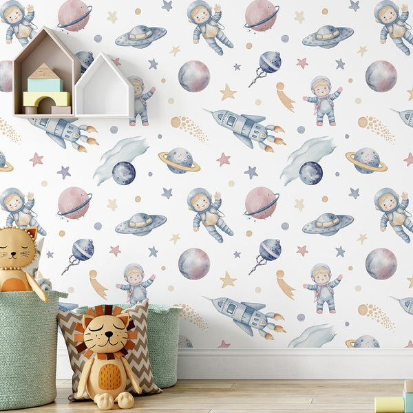 Astronauts & Spaceships Wallpaper S118 - CostaCover-Peel and stick Removable Wallpaper-accent wallpaper-adhesive wallpaper-bathroom wallpaper