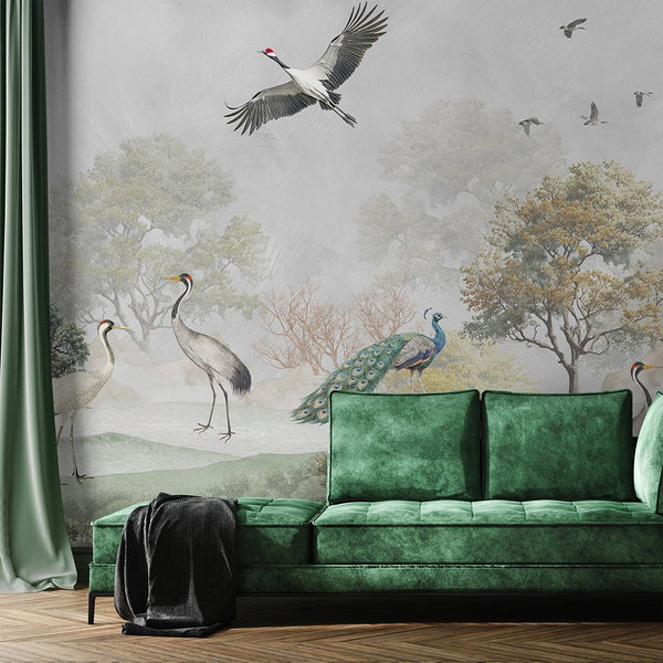 Vintage Japanese Crane Wall Mural CCM207 - CostaCover - Peel and stick Removable Wallpaper - accent wallpaper - adhesive wallpaper - bathroom wallpaper