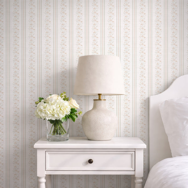 Beige Green Floral Stripe Wallpaper L126