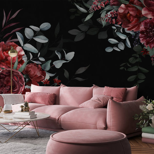 Dark Burgundy Flowers Bouquet Wall Mural SM031 - CostaCover - Peel and stick Removable Wallpaper - accent wallpaper - adhesive wallpaper - bathroom wallpaper