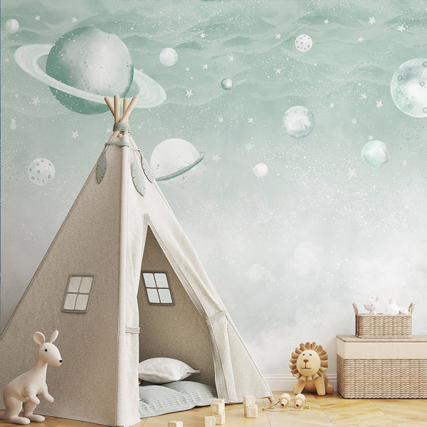 Light Green Planets in Space Wall Mural SM089 - CostaCover - Peel and stick Removable Wallpaper - accent wallpaper - adhesive wallpaper - baby bedroom