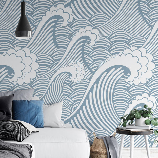 Blue Japanese Waves Wall Mural WM015 - CostaCover - Peel and stick Removable Wallpaper - adhesive wallpaper - aqua blue - Aqua blue wallpaper