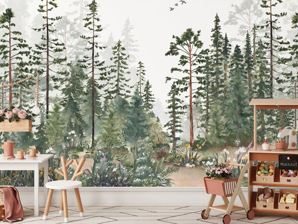 Watercolor Woodland Wall Mural WM026 - CostaCover - Peel and stick Removable Wallpaper - adhesive wallpaper - baby bedroom - bathroom wallpaper