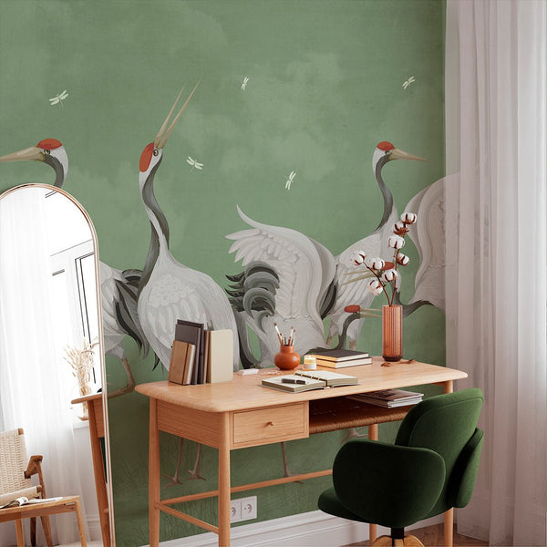 Green Japanese Cranes Wall Mural WM110 - CostaCover - Peel and stick Removable Wallpaper - accent wallpaper - adhesive wallpaper - bathroom wallpaper